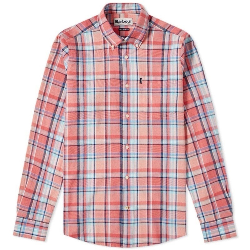 Barbour Mens Long Sleeve Button‎ Up Bram Shirt Peach Blue Check Plaid Large